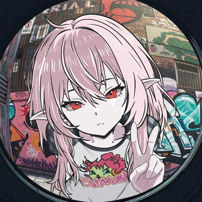 An anime-style character with pink hair, red eyes, and horns poses a peace sign while wearing a t-shirt displaying the "CLINOM" logo, set against a graffiti-covered urban backdrop visible through a circular fisheye lens. The image ties to the post by representing the $MOMO (Momoyumemi) NFT project, whose floor price surge is being discussed, with the character's edgy, street-art aesthetic mirroring the underground crypto-art community celebrating the ecosystem's announcement.