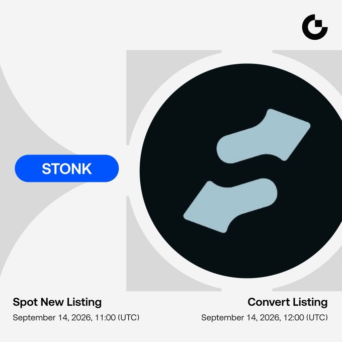 Gate.io promotional graphic announcing the new $STONK listing, featuring the token's blue logo and highlighting two key dates: Spot New Listing at 11:00 UTC and Convert Listing at 12:00 UTC, both on September 14, 2026.
