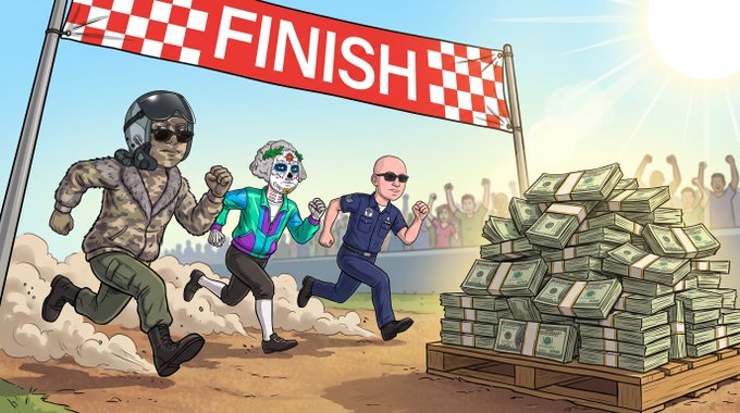 The image shows three masked characters—one in military gear, one in a Day of the Dead-style sugar skull mask, and one resembling a bald police officer—racing toward a "FINISH" line where a massive pile of cash awaits. It visually represents the DEDPRZ Weekly Wager Races concept, with the characters symbolizing different competitors racing toward the growing prize pool based on their total wagering.