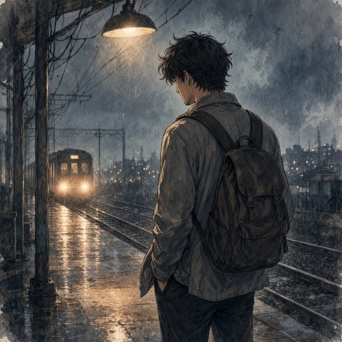 An anime-style illustration of a young man with dark hair and a backpack standing at a rainy train station platform, with a train's headlights approaching in the distance.
