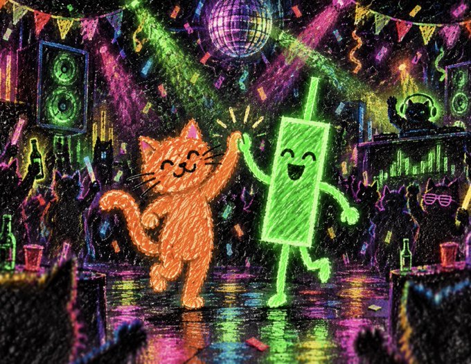 A colorful digital illustration depicts a smiling orange cat and a green popsicle character high-fiving on a dance floor under a disco ball.