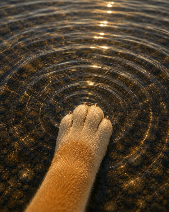 An animal paw touches the surface of a clear body of water, creating circular ripples that catch golden sunlight reflecting on the pebbled bottom.