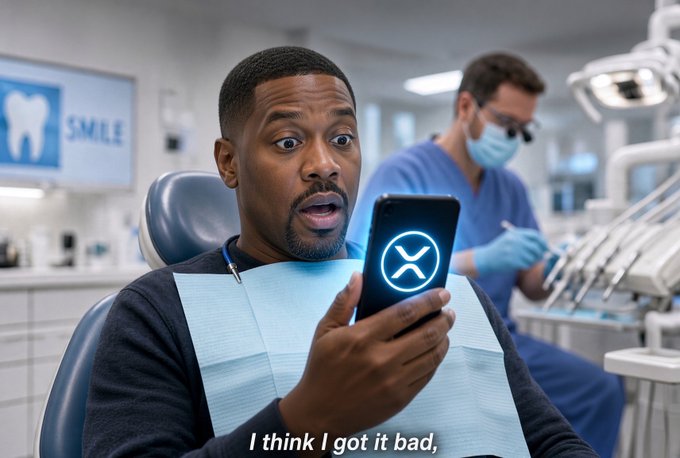 An AI-generated image of a man in a dental chair with a worried expression looking at a phone displaying an XRP logo, with the caption 'I think I got it bad' and a dentist working in the background.