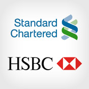 The image displays the logos of Standard Chartered and HSBC, the two banks that successfully completed the first cross-border tokenized deposit transaction on Swift's blockchain ledger, connecting over 11,500 banks globally and pioneering 24/7 blockchain settlement with 17 banks across six continents.