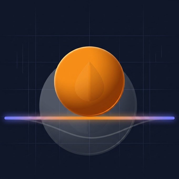 An app icon or logo featuring an orange sphere with a water droplet design against a dark blue grid background.