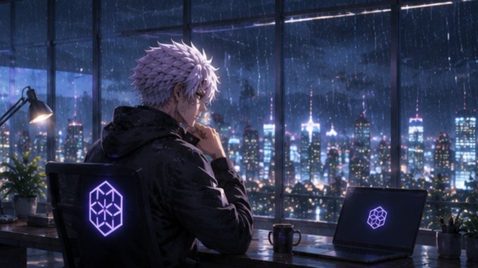 An anime-style figure with white hair sits by a rain-streaked window overlooking a glowing cityscape, working at a desk with a laptop and chair displaying glowing purple geometric logos, visually mirroring the post's theme of finding real, high-impact engagement in crypto communities far beyond surface-level reach metrics.
