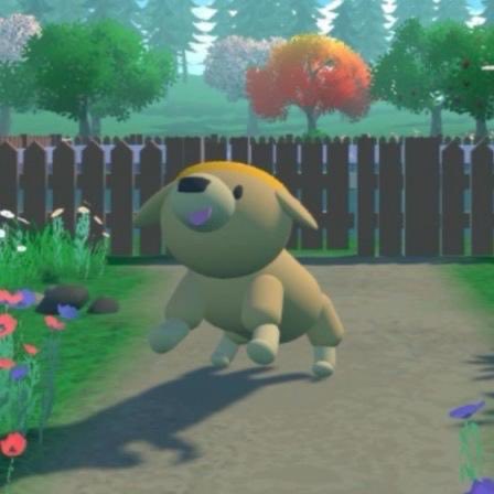 A cartoon-style yellow dog with an orange patch on its head joyfully jumping in a grassy yard with flowers and a wooden fence in the background.