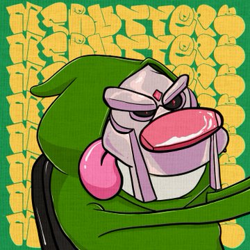 A stylized cartoon illustration of a green-hooded character with a metallic face and large pink lips against a repeating yellow background.