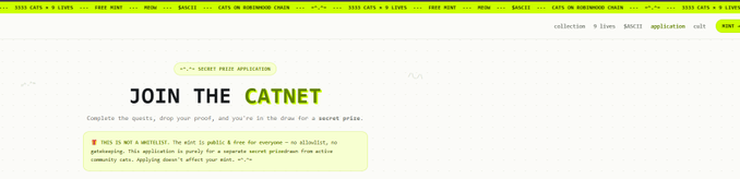 A website screenshot displaying a "Join the Catnet" secret prize application page for ASCII CATS, featuring a note that it is not a whitelist and includes a warning that the mint is public & free for everyone, contrasting with the post's claim of a free mint with 1 NFT per wallet.