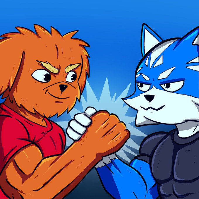 An illustration of two anthropomorphic characters, an orange dog-like figure in a red shirt and a blue wolf-like figure in dark armor, clasping hands against a blue background with an impact burst between them.