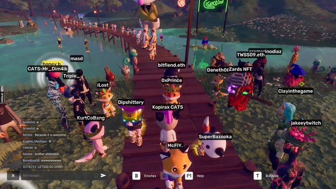 A group of fox avatars, including "McFIV," "Triple__," and "Kopirax CATS," walk across a wooden bridge in a virtual world, with usernames like "Dipshttery," "SuperBazooka," and "jakeeytwitch" floating above the cartoonish characters.