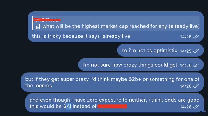 A Telegram chat exchange discusses crypto market caps, with one user speculating about potential $2b+ valuations for meme tokens versus $AI.