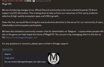 The image shows a screenshot of a Discord server screen that displays an email message from the MegaETH Discord Community Group, addressed to its users. The email announces that the community will be closing down their Discord server at the end of three years. Additionally, there is an announcement about free airdrops for role holders, but no rewards or future benefit plans are mentioned, only the ending of the server and the possibility of joining back into the community for free.