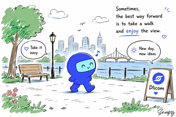 The user wants a concise 1-2 sentence caption describing the image.
I need to identify key elements:
- A blue cartoon character walking.
- A park setting with a tree, bench, lamp post, river, and city skyline/bridge in the background.
- Speech bubbles: "Take it easy." (with a heart), "New day, new ideas." (with a sun).
- Text at the top right: "Sometimes, the best way forward is to take a walk and enjoy the view." with "enjoy" underlined.
- A sign on the right: "Dicom" with a logo.
- The artist signature "Snoopy" in the bottom right.
- The prompt asks to include key text, names, etc.

The prompt also provides context: "GM @DlicomApp ! This morning, I wasn't looking for content. I was looking for clarity. The more I think about Web3, the more I realize that great products aren