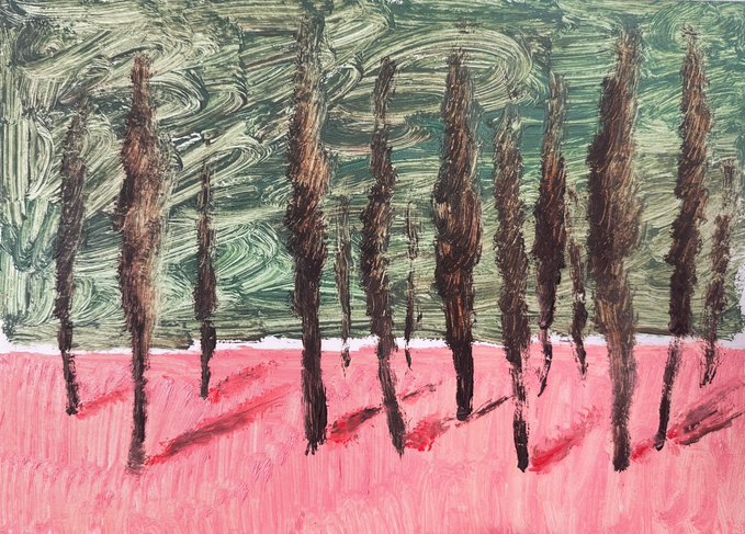 A painting depicting tall, dark cypress trees against a swirling green sky with a pink ground below, reminiscent of Van Gogh's style.