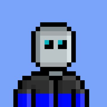 A pixel art character with cyan/blue eyes, wearing a gray cap and dark blue/black outfit against a light blue background.