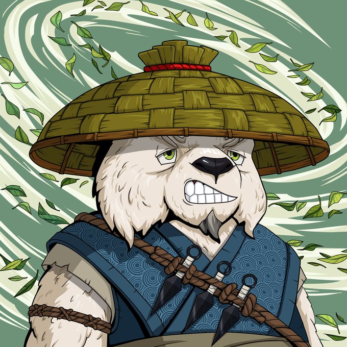 An anthropomorphic panda warrior wearing a woven straw hat and traditional blue kimono with rope accessories glares fiercely as leaves swirl around him in a stylized wind. The artwork's hand-drawn, anime-inspired style and fierce character design align perfectly with the post's "100% hand-drawn" claim, visually reinforcing the project's artistic identity for an NFT collection promotion.