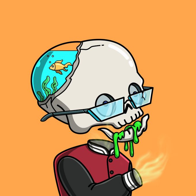 A cartoon-style illustration of a skeletal figure with a fishbowl for a brain, wearing glasses and dripping green slime from its jaw, while holding a flamethrower against an orange background.