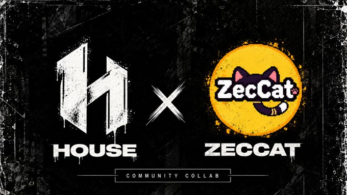 A promotional graphic for a "HOUSE x ZECCAT Community Collab" features a stylized "H" logo and a yellow circular logo with a black cat character on a dark, grungy background, advertising the Zcash-based NFT project ZecCat and its 3,333 pixel cat collection with an upcoming marketplace and launchpad.
