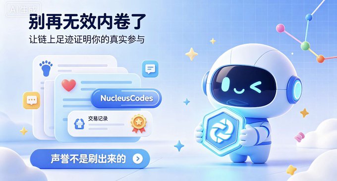 A blue promotional graphic with Chinese text '别再无效内卷了' and '让链上足迹证明你的真实参与', featuring a cartoon astronaut robot holding a shield alongside a 'NucleusCodes' transaction record badge.