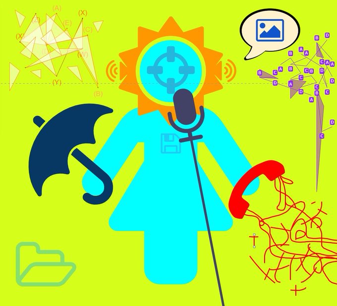 The image features a blue female character with an umbrella, holding a microphone and a red phone. The background of the image has various shapes and colors, including triangles, circles, and lines. There are also other objects such as a book and a flower in the scene. The caption to the image reads "I have just collected 
The future belongs to image hodlers!" by @MAdoption46654 on @objktcom".