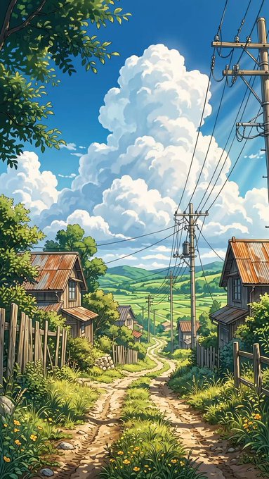 An anime-style illustration of a scenic countryside path leading through rustic wooden houses with rusty roofs, lush greenery, and utility poles under a bright blue sky filled with large white clouds.