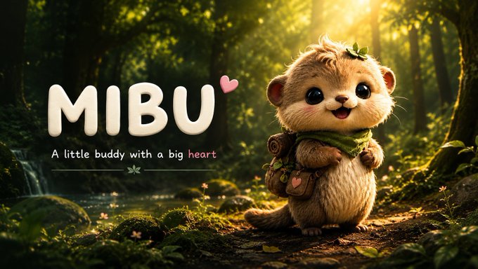 A cute, cartoon-style otter-like character stands in a sunlit forest with the text "MIBU - A little buddy with a big heart," matching the post's promotion of the $MIBU memecoin on Solana with the tagline "don't sleep on the dog."