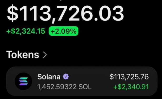 A crypto portfolio screenshot showing a total balance of $113,726.03, up +$2,324.15 (+2.09%), with a holding of 1,452.59322 Solana (SOL) valued at $113,725.76.