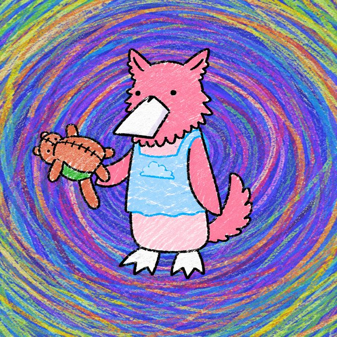 A child's crayon drawing depicts a pink anthropomorphic cat holding a brown stuffed toy against a swirly purple and blue background.