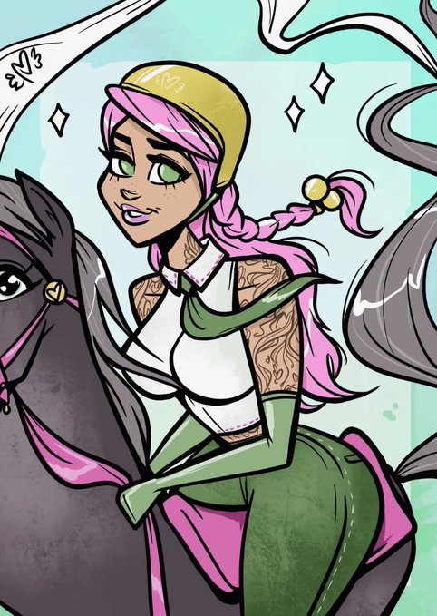 A cartoon illustration of a girl with pink hair in a braid, wearing a yellow beanie and green outfit, riding a black horse.