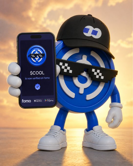 A 3D-rendered blue coin mascot wearing a black "fomo" cap and pixelated sunglasses holds up a smartphone displaying "$COOL is now verified on fomo" with App Store and Google Play badges, promoting the official launch of the $COOL token on the fomo platform.