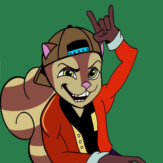 The image features a cartoon squirrel wearing a baseball cap and a red jacket, making a peace sign with its right hand while sitting down. The squirrel's face has a big smile, giving off a friendly vibe. The background of the image is green, which complements the overall color scheme of the squirrel's outfit. There are no other objects or text in the image besides the squirrel and its surroundings.