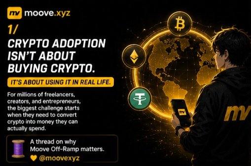 A promotional graphic from Moove.xyz (@moovexyz) featuring a person with a smartphone alongside a globe and Bitcoin, Ethereum, and Tether symbols, with the headline "Crypto Adoption Isn't About Buying Crypto. It's About Using It In Real Life." The image visually reinforces the post's message by highlighting the off-ramp challenge of converting crypto into spendable money for freelancers, creators, and entrepreneurs.