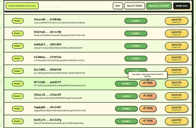 A screenshot of the "somethingridiculous.sol" whitelist checker displays Phase 1 wallet eligibility status, showing several wallet addresses with their full public keys. Green "ELIGIBLE" and orange "AT RISK" badges indicate each wallet's status, with low-point wallets like HF732W5, 2kkuLiE, 5eqkqRd, and By45jr9 marked "AT RISK" due to high transaction volume, per the tooltip advising users to "Raise your level to secure priority."
