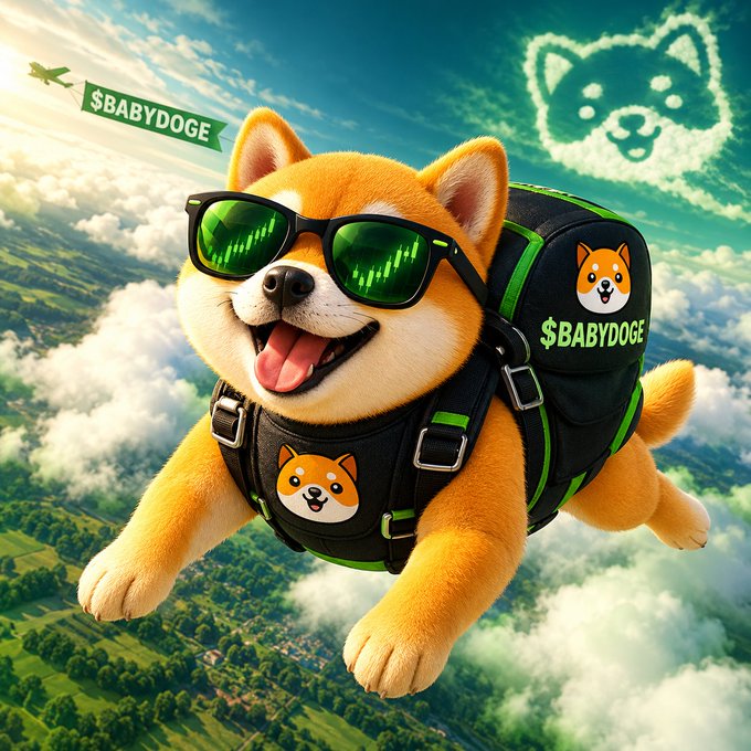 An AI-generated image of a Shiba Inu dog wearing sunglasses with stock chart reflections, equipped with a parachute and a backpack labeled '$BABYDOGE', flying over a green landscape.