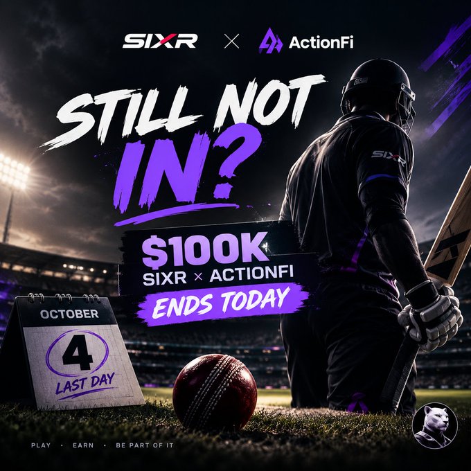 A promotional graphic for SIXR x ActionFi advertises a $100K cricket-themed promotion ending October 4, featuring a silhouetted cricketer with a bat and ball on a stadium field.