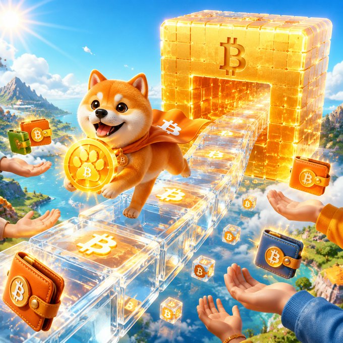 A vibrant 3D illustration features a cartoon Shiba Inu dog wearing a Bitcoin-themed scarf, leaping across floating golden Bitcoin blocks in the sky while hands reach out below with wallets and Bitcoin coins.