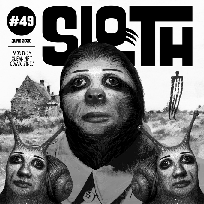 The image features an illustration of a sloth with three snails attached to its body, creating a unique and eye-catching scene. The sloth appears to be wearing a shirt and has a face with two eyes and a nose. The background includes text that reads "SLOTH #49 IS OUT! Sloth #49 - June 2026 Monthly Clean NFT Comic Zine 15 Artists, 20 Pages teia.art/objkt/880756 objkt.com/tokens/hicetnu ... Available for 5 tez". This image is related to the post because it is a part of a series called "SLOTH" that has been published in a comic book format. The sloth's unique appearance and the presence of snails on its body make this an interesting and engaging piece of art, which can be appreciated by fans of both comics and sloths alike.