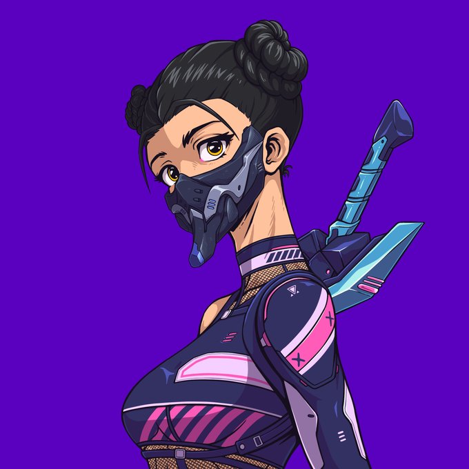 The image features a female character with black hair, wearing a mask that covers her face. She has a sword in one hand and a shield in the other. The background of the image is purple, which complements the overall color scheme of the illustration. The caption "GM Solana" is present at the bottom right corner of the image.