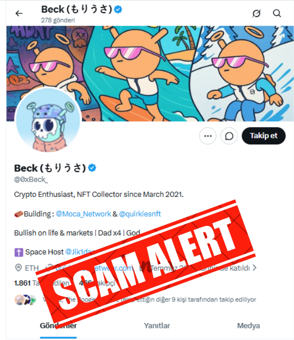 A screenshot of a Twitter profile for 'Beck (もりうさ)' with a 'SCAM ALERT' stamp overlaid, showing an NFT collector profile with 1,861 followers.