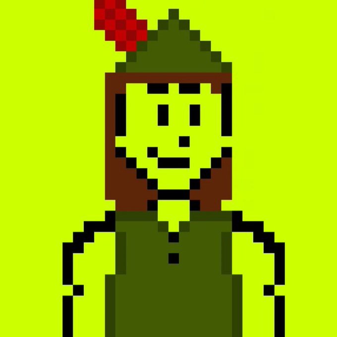 A pixel art portrait of a character with green skin, brown hair, a green outfit, and a red feather in a cap, set against a bright yellow-green background.