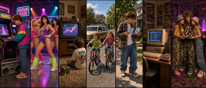 A retro 1980s/90s-style collage features four panels with nostalgic imagery including an arcade, a TV with kids playing, kids with bicycles, and people with neon decorations.