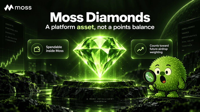 A Moss platform advertisement titled 'Moss Diamonds' with the tagline 'A platform asset, not a points balance', showing a glowing green diamond on a pedestal next to a cartoon moss character holding a magnifying glass.