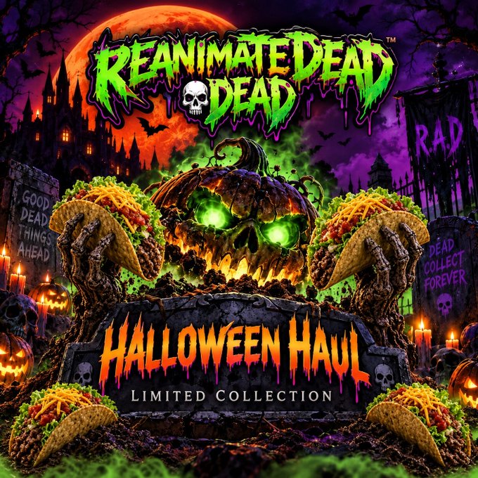 A promotional image for "Reanimated Dead - Halloween Haul Limited Collection" featuring a glowing green-eyed skull on a tombstone surrounded by zombie hands holding tacos, set against a spooky haunted castle backdrop with jack-o'-lanterns and a "RAD" banner. The caption highlights the October 1st NFT mint event for the Halloween Haul collection on Ethereum and Solana blockchains.