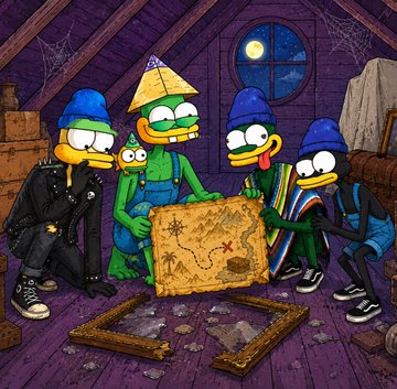 An illustration of five cartoon ducks dressed in various outfits (leather jacket, cone hat, beanie) in an attic setting, gathered around and examining an old treasure map.