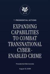 The image shows the cover of an official White House document titled "EXPANDING CAPABILITIES TO COMBAT TRANSNATIONAL CYBER-ENABLED CRIME" — Presidential Memoranda dated August 12, 2025, under Presidential Actions. This relates to the post, as the document represents Trump's memorandum permitting vetted U.S. companies to engage in offensive cyber operations against transnational cybercrime, similar to the privateering concept advocated by Perkins and Giancarlo.