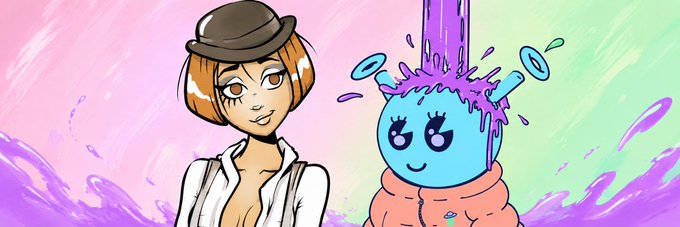 An anime-style illustration features a woman with short orange hair wearing a brown bowler hat and white shirt, standing next to a cute blue character with a smiling face being splashed with purple liquid.