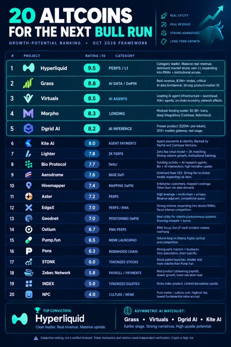 An infographic titled '20 ALTCOINS FOR THE NEXT BULL RUN - Growth-Potential Ranking • Oct 2026 Framework' listing cryptocurrencies with ratings out of 10, led by Hyperliquid (9.5), Grass (8.8), and Virtuals (8.5), with a special mention of the 'Asymmetric AI Watchlist: Grass • Virtuals • Dgrid AI • Kite AI.'