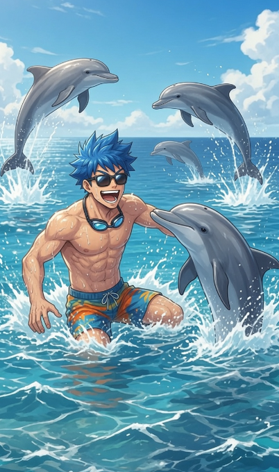 An anime-style illustration of a blue-haired, muscular man in swim trunks and goggles laughing as he swims in the ocean surrounded by leaping dolphins.