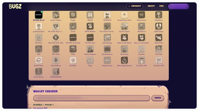 A screenshot of a website called 'BUGZ' displaying a grid of NFT collection icons, with navigation links for 'UNVAULT', 'ABOUT', and 'FAQ', and a 'WALLET CHECKER' section at the bottom.